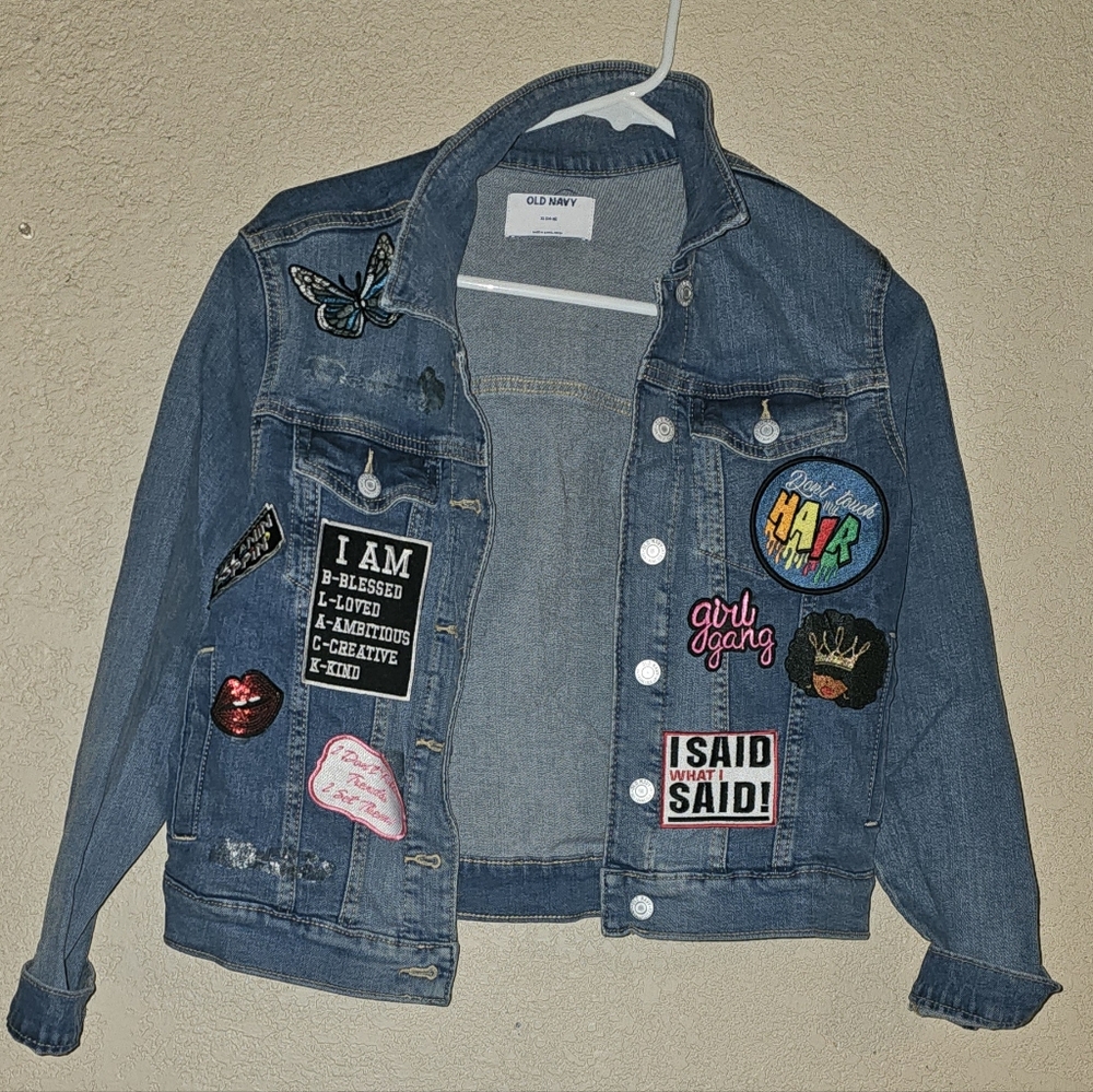 Old Navy Blue Denim Jacket with Colorful Patch Accents